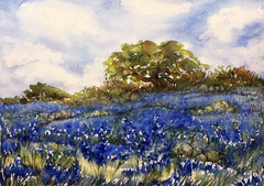 Original Watercolor Painting Texas Bluebonnets Landscape Wildflower Field Art
