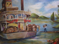 Vintage Landscape Oil Painting Mississippi Steamboat Loading Dock