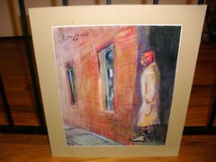 vintage mid century modernist gouache painting woman in doorway signed 1967
