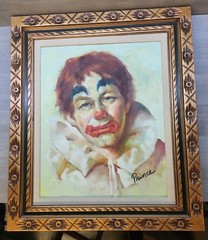 Lg 1950’s Clown Painting Oil on Canvas Wood Frame Signed Prince 27×23 (16×20)
