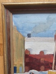 SCANDINAVIAN HARBOR OIL PAINTING BOAT AND PASTEL HOUSES SIGNED BERTIL LUNDQVIST