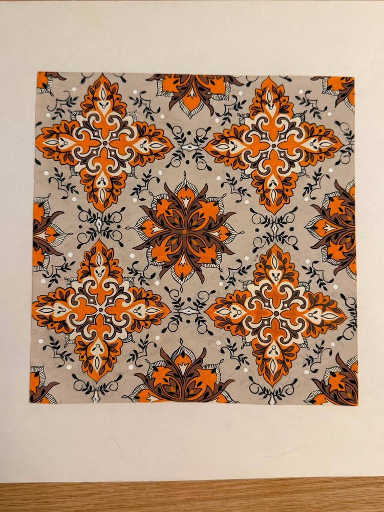 Vintage Original Gouache Textile Design, Repeat Damask Medallion Pattern, c. 196