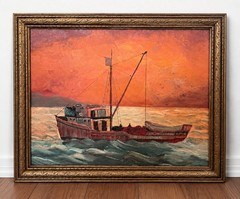 Vintage Signed Seascape Fishing Boat Oil Painting Gilt Carved Wood Frame