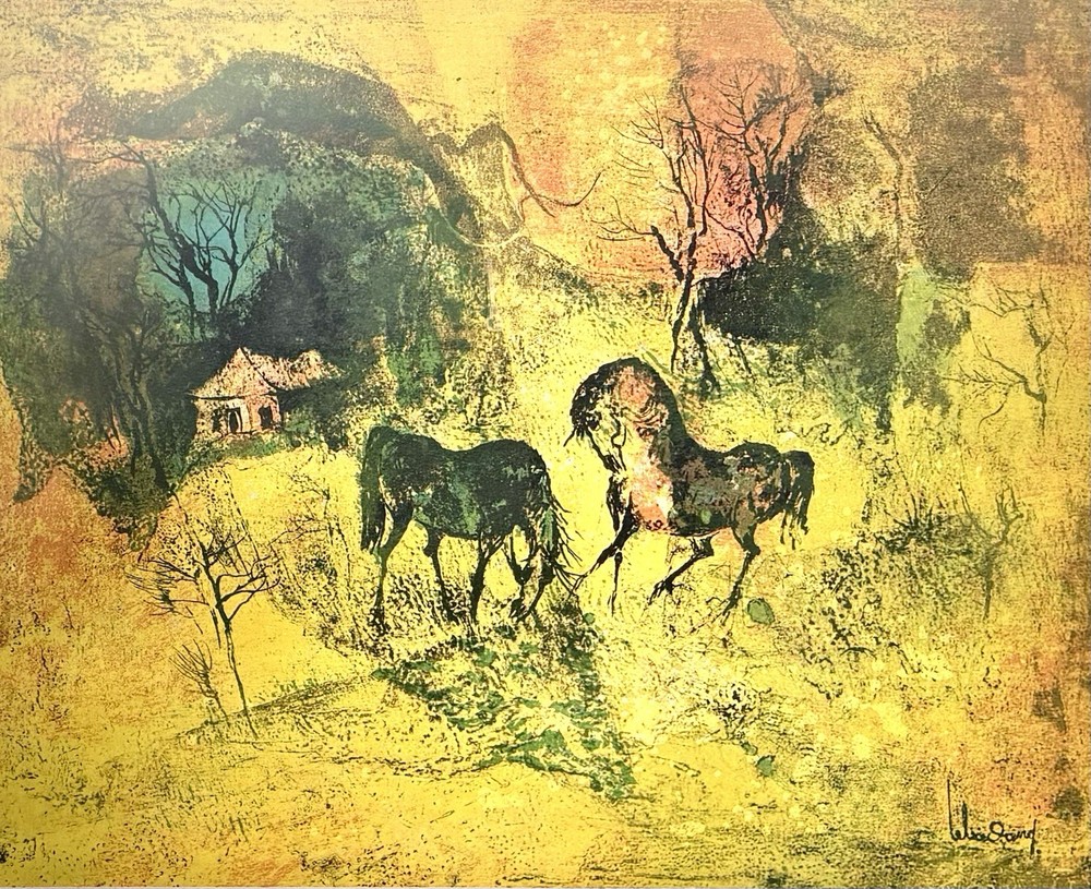 Yellow Mid-Century Surreal Equestrian Scene 27″ Hoi Lebadang Ethereal Landscape