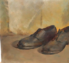 WILLIAM MENELAWS „IN REPOSE“ ORIGINAL OIL BOARD PAIR OF OLD SHOES PAINTING 1962