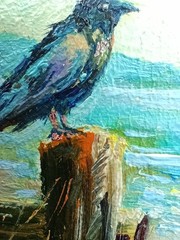 Original oil painting signed framed crow 6×4 inches
