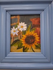 Sunflower flowers Oil &Acrylic Painting Vtg wood frame 18″x16″ shabby chic OOAK