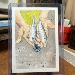 ACEO/ATC Original Painting 2.5 x 3.5 In. Watercolor Hands Holding Fish Signed