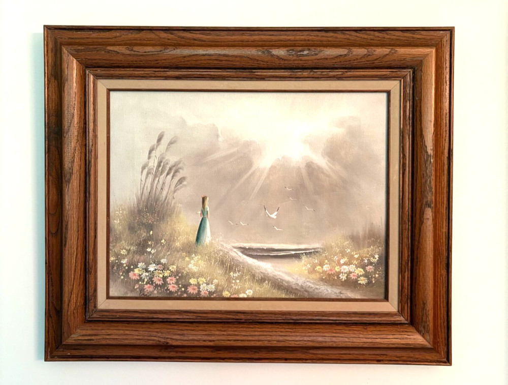 ERIC Oil Painting 23″x 18” Girl In Blue Dress Wood Frame Signed