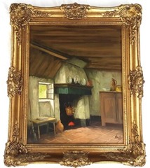 B. MULLEN (1901-1986), Classical Oil on Linen, Cottage Interior, 16″ by 20″