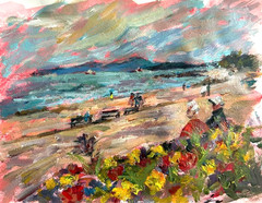 Handmade Beachside Acrylic Painting, A4 Floral Seascape Wall Art, Signed Art