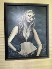 Cate Rangel Framed acrylic painting blonde woman leather and studs 16×20