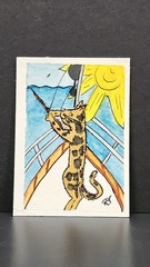 ACEO Original Art 2.5X3.5 Trading Card Actually, Cats Tortie Cat Fishing On Boat