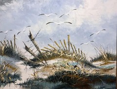 Vintage Oil Painting Beach Coastal Landscape Sand Dunes Seagulls Birds Signed