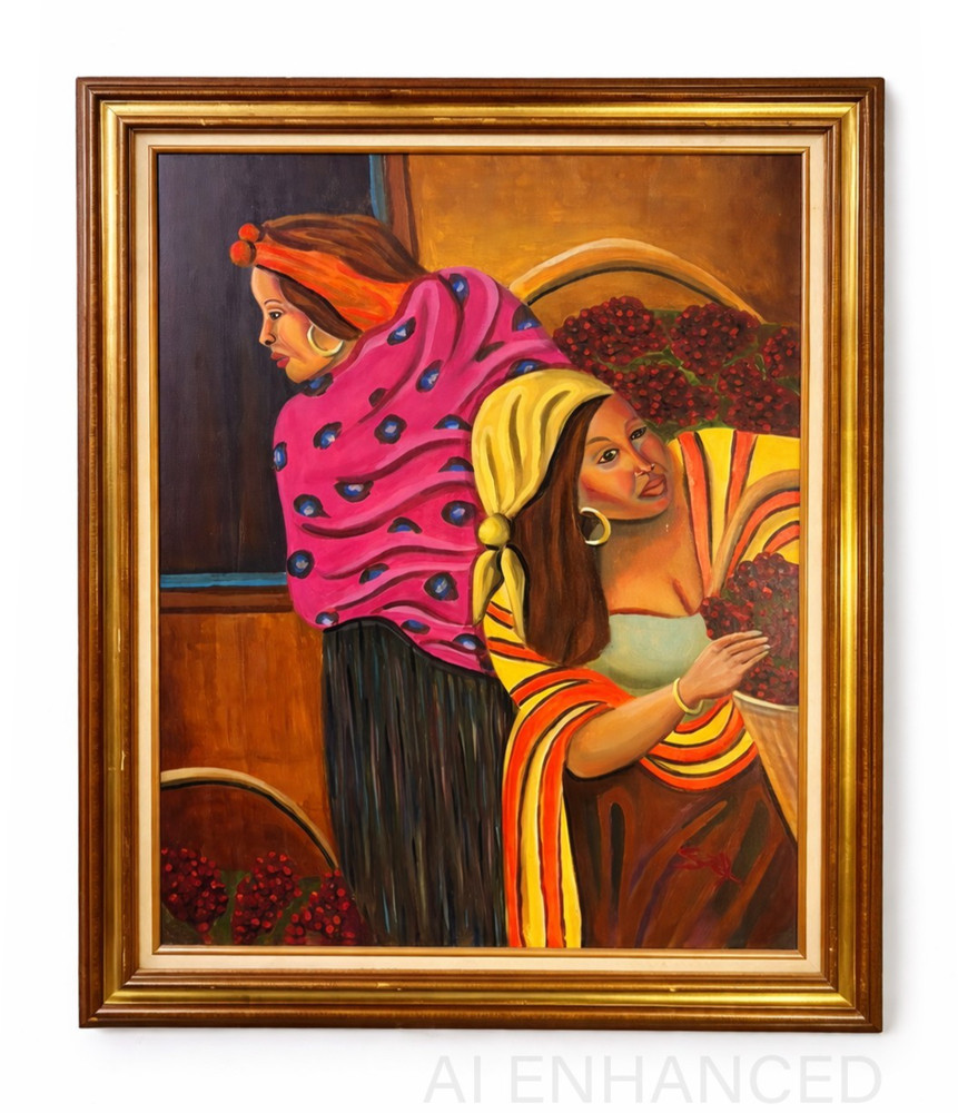 Market Harvest Women Colorful Textiles Gold Hoops Original Painting Signed Sal