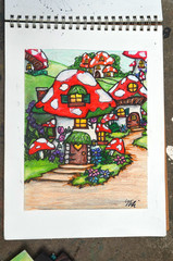 Fantasy Mushroom Village Fairy Town Mixed Media Original Art Signed 8.5 x 11