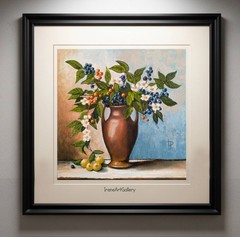 Original Oil Painting Floral Still Life Blue Berries White Blossoms Rustic Art