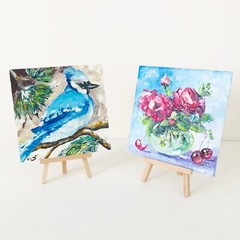 Original Art Blue Jay Bird Portrait Mini Painting Gift Book Shelf Decor 6 x 6″
