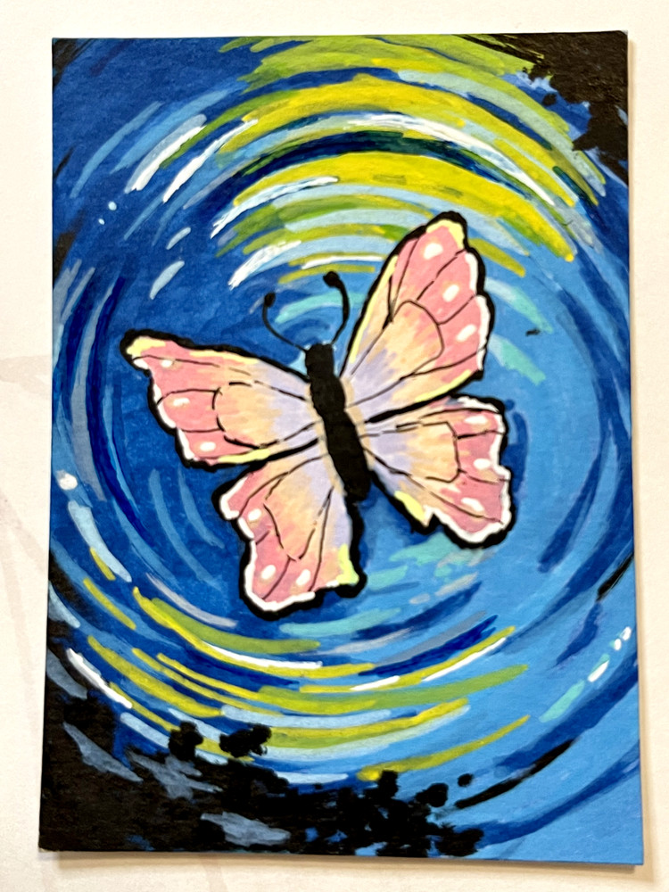 ACEO Original, Abstract Butterfly Water Ripple, Mini Art Painting, by Annibbie