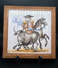 1980s Vintage Matador Bull Fighter Painting on Tile Framed Trivet Ronda Spain