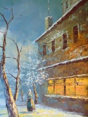 MCM Framed OIL PAINTING, Charming Winter Country Village Scene, By Artist Bergen
