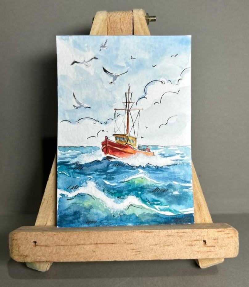 Original Watercolor Painting ACEO OOAK Red Fishing Boat Ocean Nautical Sea Art