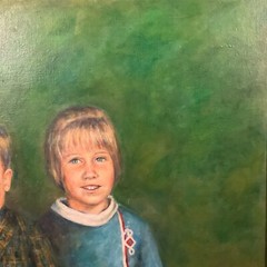 Antique Framed Original Portrait Oil on Board „Belgian Siblings“, By Schumacher