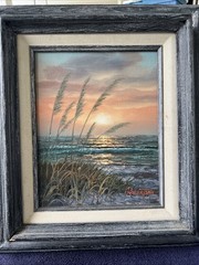 Vintage Oil On Board Beautiful Ocean Scene W/Sea Oats Sunrise/Sunset Signed