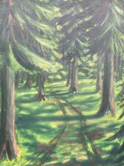 Oil painting green coniferous forest nature painting Denmark BK monogram 95x76cm