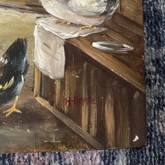 Oil Painting Roosters And Chickens In A Barn Signed