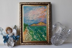 Framed Seascape Green Sea Seacoast Sunset Sky 4×6” Impasto Oil Painting Original