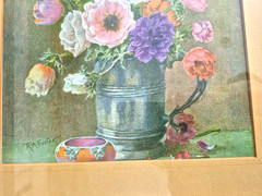 Vtg Artwork Framed Signed Still Life Watercolor Anemones In Pewter Jug Flower