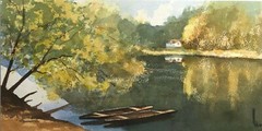 SIGNED IMPRESSIONIST BUCOLIC LANDSCAPE WITH WATER AND BOATS STUDY PAINTING