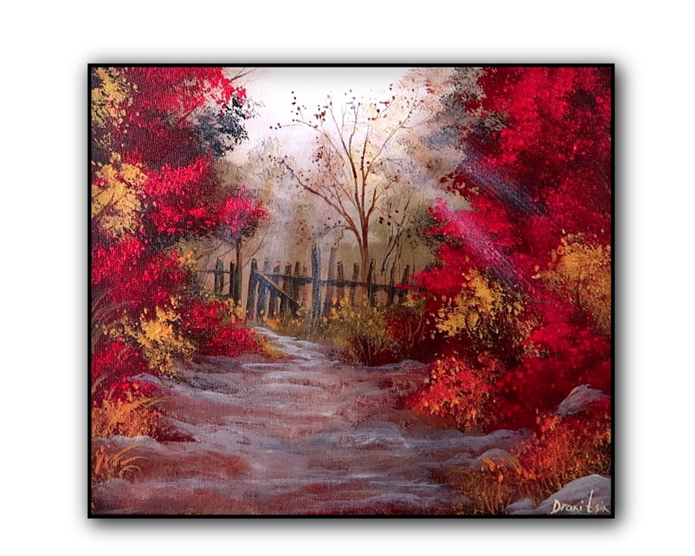 Original Acrylic Landscape Painting 12×14″ PATH TO AUTUMN GATE Wall Art