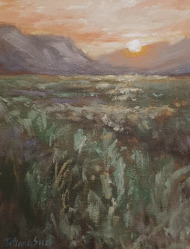 Sunset Landscape ORIGINAL Oil Painting Moody Tonalism Country Field Hills 8″x10″