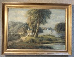 Antique 1898 Canvas Painting of English Cottage, 24 1/8″ x 17″