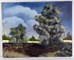 20″ Oil Painting Canvas Rustic Country Fence Panorama Blue Sky Lea Mikel #33