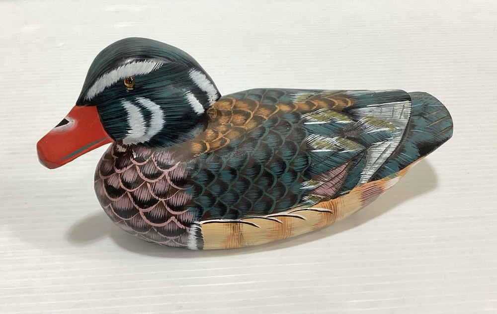 Wooden Duck Decoy Hand Painted In Vintage Style 14oz Red Bill Folk Art Primitive