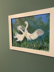Original Acrylic On Canvas Painting “Two Egrets” Impressionist Green Blue Signed