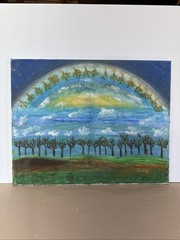 Original Painting Surreal Earth Sky Trees Dreamscape Clouds Signed Goug 22×28”