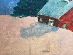 Old Original Oil Painting Winter Snow Landscape Art Red Rural House Barn Framed