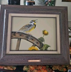 Vtg 1999 Original Acrylic Framed Art on Board Kansas Meadowlark Signed 15″ X 18″