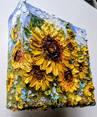 ORIGINAL OIL impasto Painting „Sunflowers“ 4″X4″ X 1.5″ by Olga Diduh.