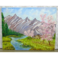 Oil On Canvas Art Gladys Waters 16×20 Cherry Blossom Pine Trees River Mountains