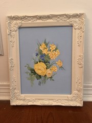 VINTAGE Roses Cornflowers Still Life PAINTING ornate White frame 18×15 Signed
