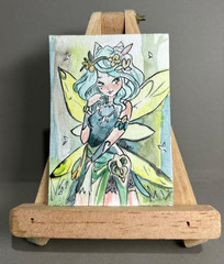 ACEO Original Watercolor OOAK Painting Floral Fairy Blue Hair Anime Fantasy Art