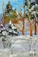 Original Oil Painting Winter Sunset Landscape Forest Impressionism Art Signed