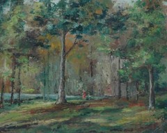 Vintage Oil on Board of Woman on a Path in a Forest Landscape by Kathleen Lamb?
