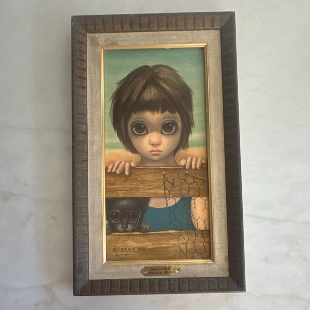 Walter Keane Watching 1962 Framed Signed Portrait Painting Child Dog Canvas 6×12