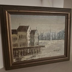 Mid-Century Impasto Palette Knife Harbor Cityscape Painting – Signed REVAN